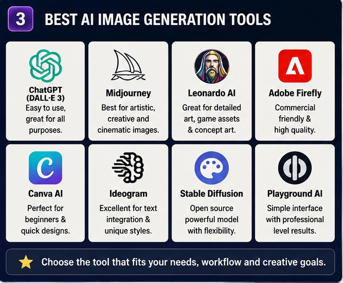 Best AI image generation tools comparison in AI Image Generation Prompts Guide including ChatGPT Midjourney Leonardo AI and Adobe Firefly