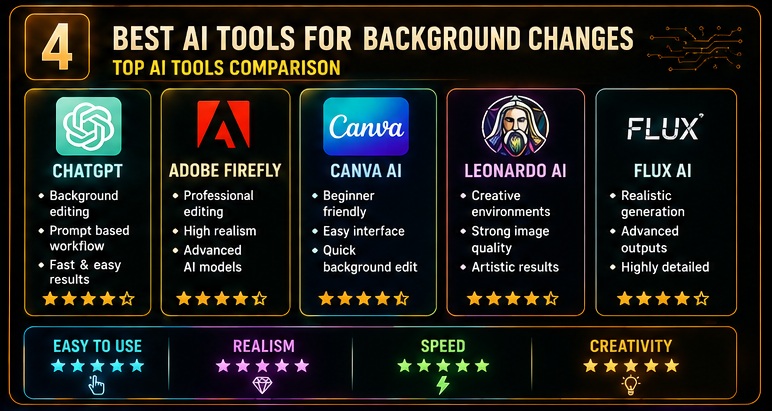 Best AI tools for AI Photo Background Change Prompts including ChatGPT Canva Adobe Firefly Leonardo AI and Flux AI