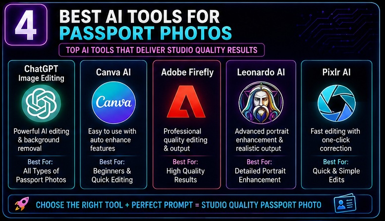 Best AI tools for Passport Size Photo AI Prompts including ChatGPT Canva Adobe Firefly and Leonardo AI