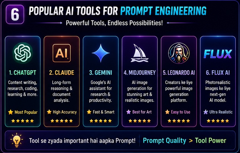 Popular AI tools for prompt engineering including ChatGPT Claude Gemini Midjourney Leonardo AI and Flux AI