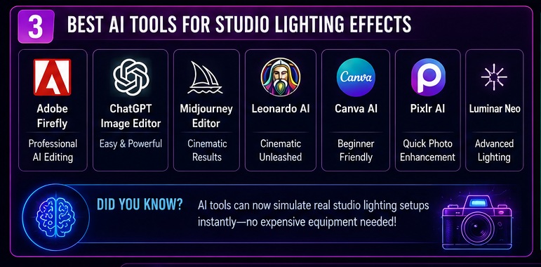 Best AI tools for Studio Lighting AI Photo Prompts including ChatGPT Image Editor Canva AI and Adobe Firefly