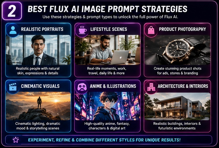 Best Flux AI image prompt categories including portraits lifestyle product photography cinematic scenes anime and architecture