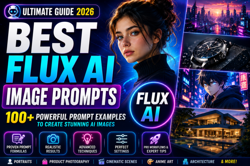 Best Flux AI image prompts guide showing realistic portraits product photography cinematic scenes anime art and professional AI image generation examples