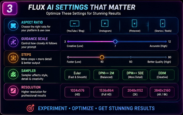 Best Flux AI settings guide showing aspect ratio guidance scale sampler resolution and optimization tips