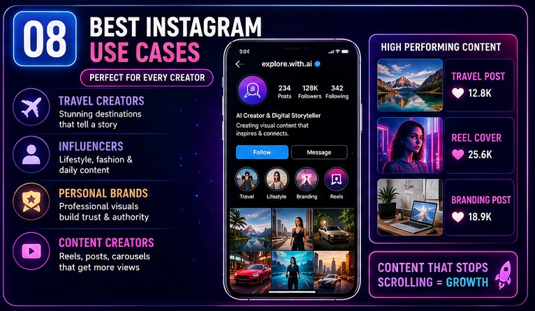 Best use cases of Viral Instagram AI Photo Prompts for influencers creators personal brands and travel content