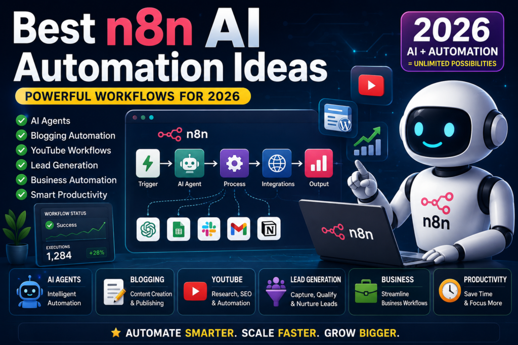 best n8n ai automation ideas featuring AI agents blogging automation YouTube workflows lead generation business automation and productivity systems in 2026