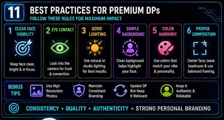 WhatsApp DP AI Photo Prompts best practices including clear face visibility eye contact lighting and composition