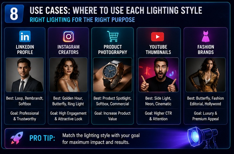 Best Studio Lighting AI Photo Prompts for LinkedIn Instagram product photography YouTube thumbnails and fashion brands