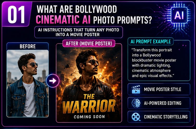 Bollywood Cinematic AI Photo Prompts showing AI powered movie poster transformation from ordinary photo to blockbuster cinematic poster