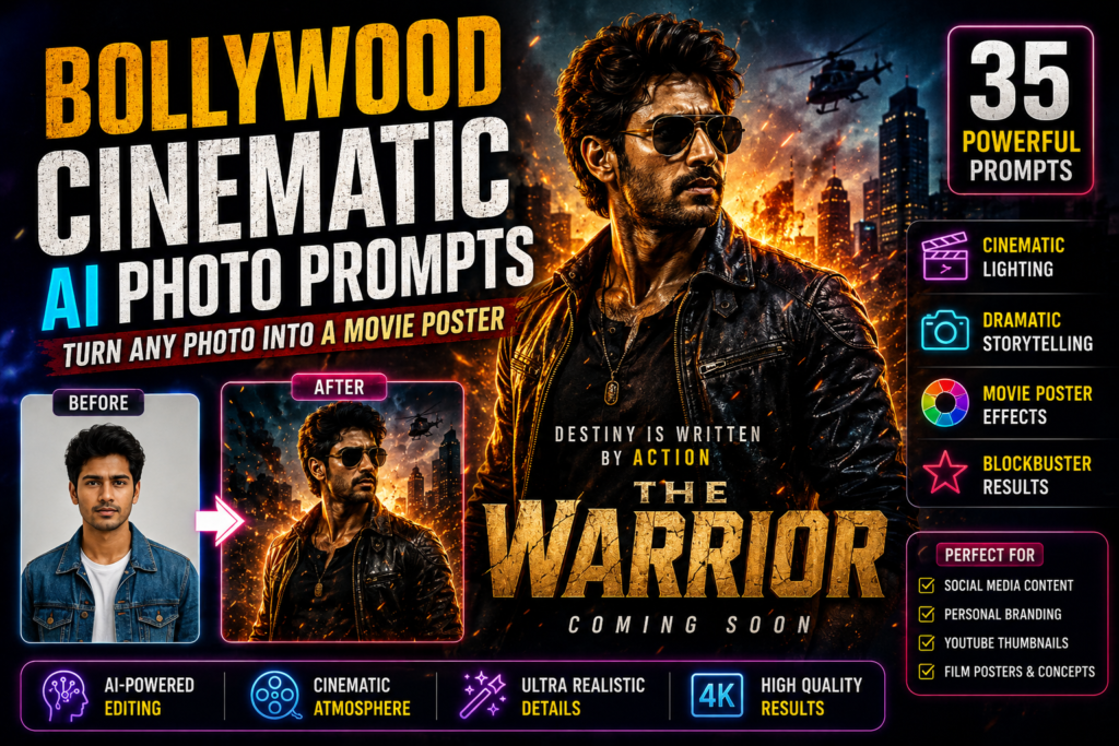 Bollywood Cinematic AI Photo Prompts transforming ordinary photos into blockbuster movie posters with dramatic lighting cinematic storytelling and AI powered editing