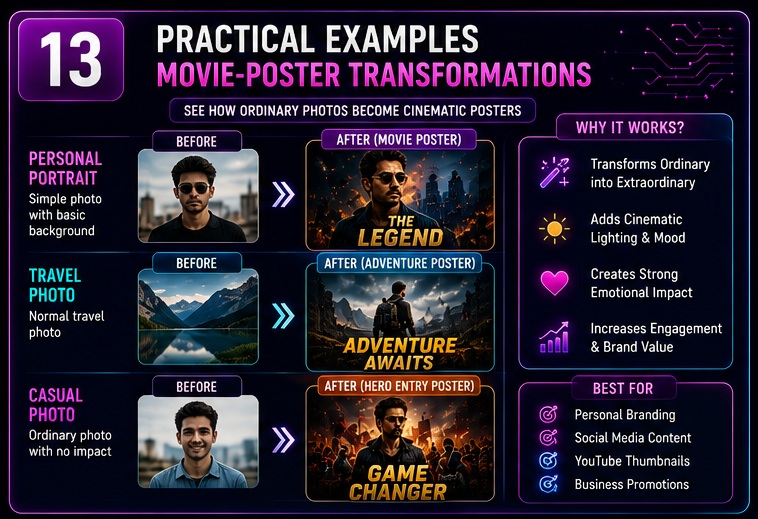 Bollywood Cinematic AI Photo Prompts showing hero and villain movie poster styles with dramatic cinematic lighting