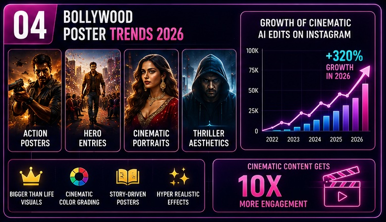 Bollywood Cinematic AI Photo Prompts trends featuring action posters hero entries cinematic portraits and thriller aesthetics