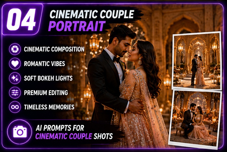 Wedding & Pre-Wedding AI Photo Prompts cinematic couple portrait with romantic storytelling and luxury wedding aesthetics