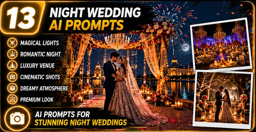 Wedding & Pre-Wedding AI Photo Prompts cinematic reception photography with luxury decor and dramatic lighting