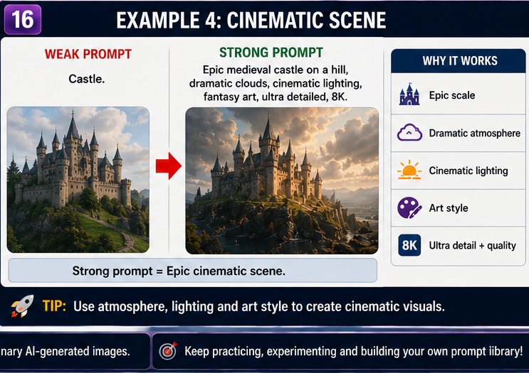 Cinematic scene example in AI Image Generation Prompts Guide showing detailed prompt structure for blockbuster quality visuals