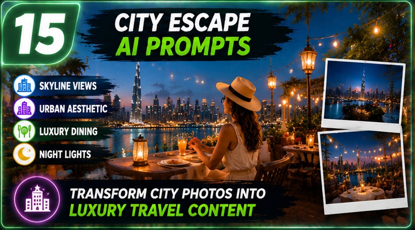 Travel Influencer AI Photo Prompts city escape travel photography with premium urban influencer content