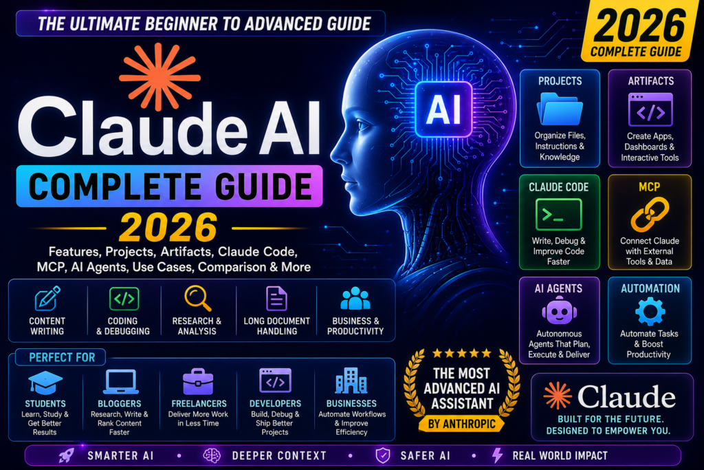 Claude AI Complete Guide 2026 featuring Projects, Artifacts, Claude Code, MCP, AI Agents, automation, coding, research and productivity tools.