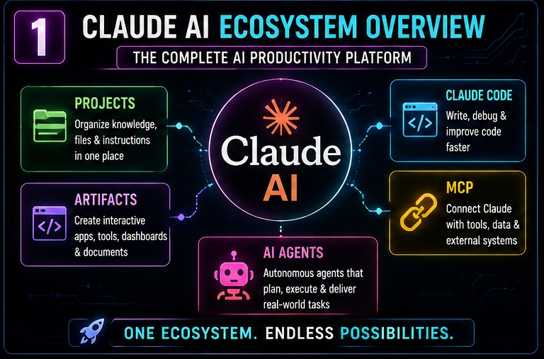 Claude AI ecosystem overview showing Projects, Artifacts, Claude Code, MCP and AI Agents.