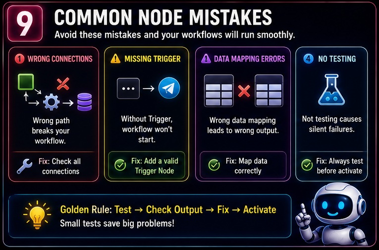 n8n nodes samajh nahi aate common beginner mistakes including wrong connections missing triggers and testing errors
