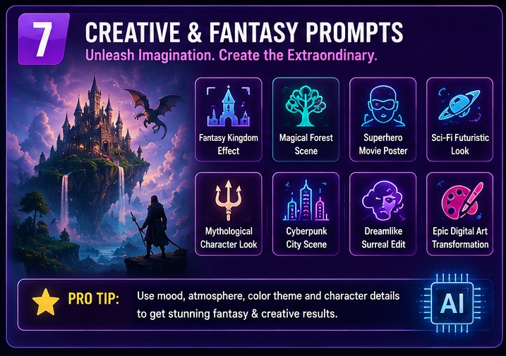 Creative fantasy AI Photo Editing Prompts for cinematic digital art and futuristic image transformations