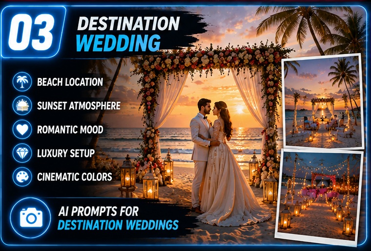 Wedding & Pre-Wedding AI Photo Prompts destination beach wedding with romantic sunset and luxury resort atmosphere