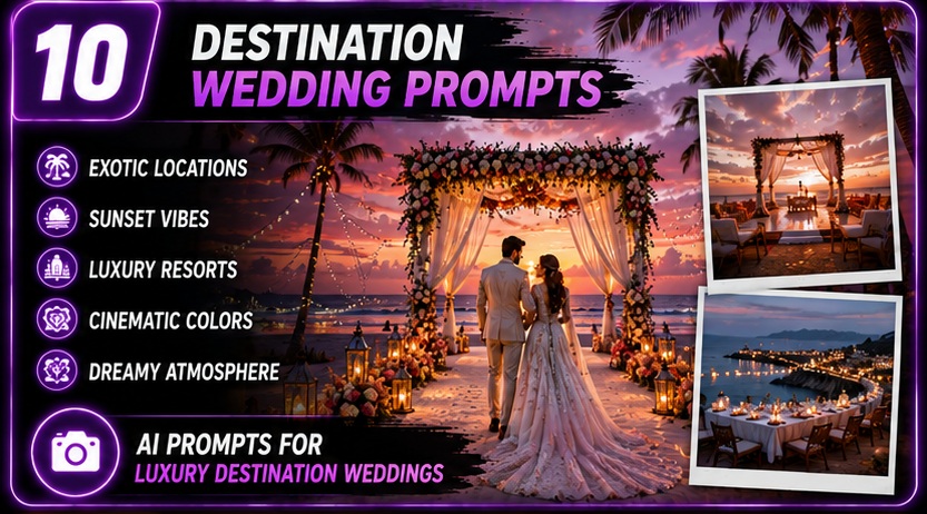 Wedding & Pre-Wedding AI Photo Prompts destination wedding photography with sunset beach ceremony