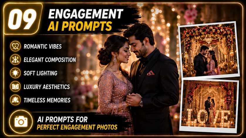 Wedding & Pre-Wedding AI Photo Prompts engagement photography with romantic luxury couple portraits
