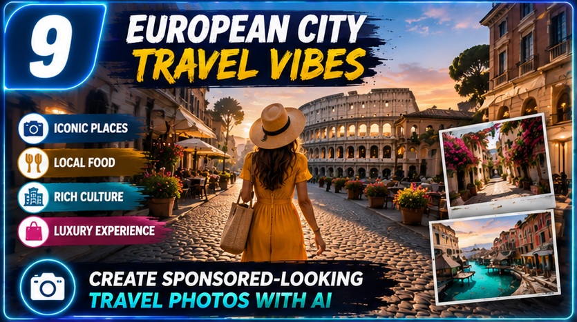 Travel Influencer AI Photo Prompts European city travel vibes with luxury influencer storytelling