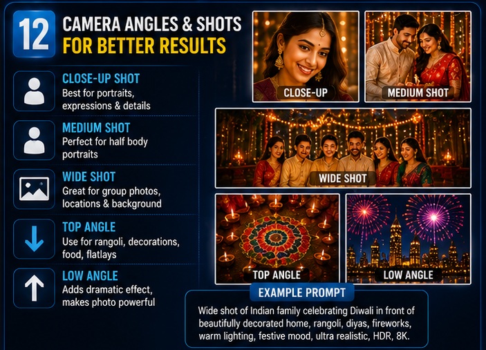 Best camera angles for Festival AI Photo Prompts and realistic AI portraits