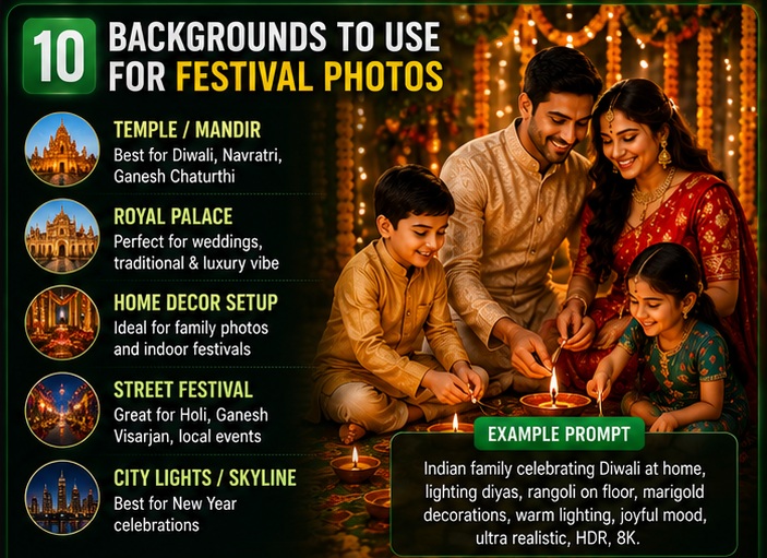 Festival AI Photo Prompts background ideas for every Indian festival