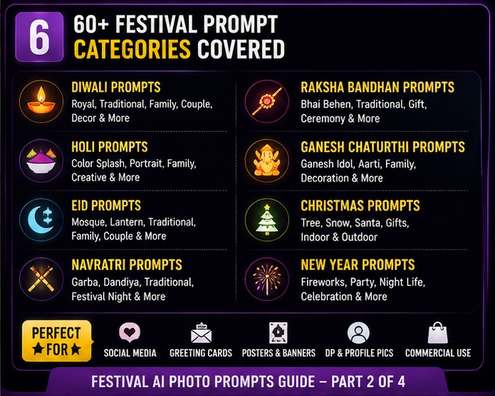 Festival AI Photo Prompt categories for Diwali Holi Eid Christmas and more