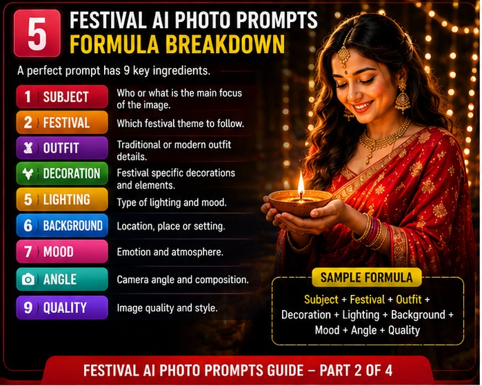 Festival AI Photo Prompts formula breakdown with prompt structure
