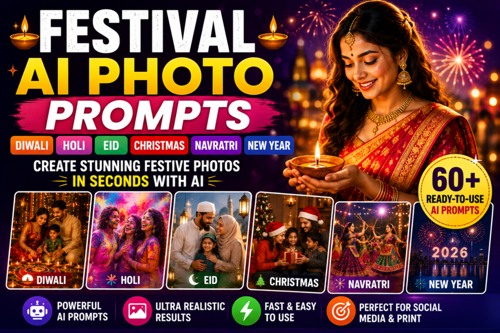 Festival AI Photo Prompts guide for creating stunning Diwali, Holi, Eid, Christmas, Navratri, and New Year AI photos