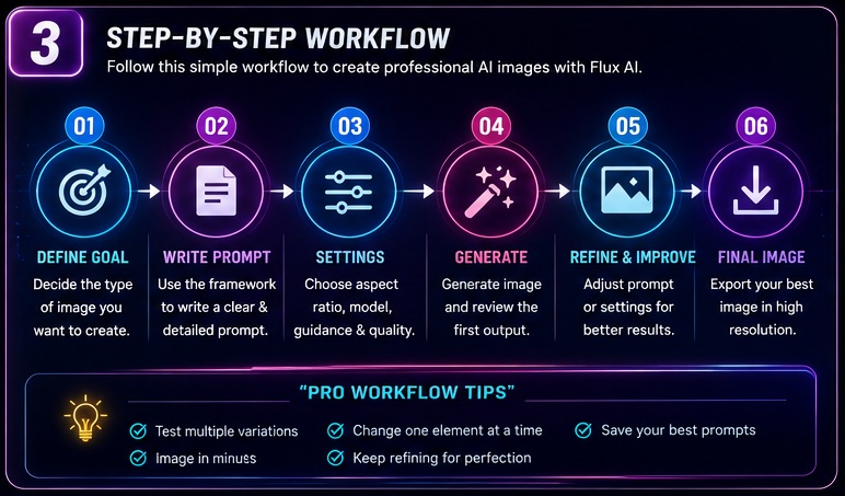 Best Flux AI Image Prompts Step by step Flux AI image generation workflow from idea prompt writing settings generation and optimization