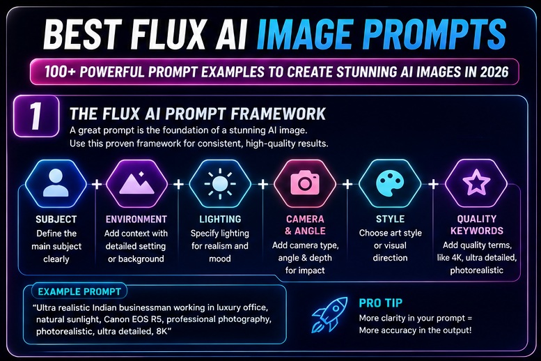 Flux AI prompt framework showing subject environment lighting camera style and quality keywords for better AI image generation