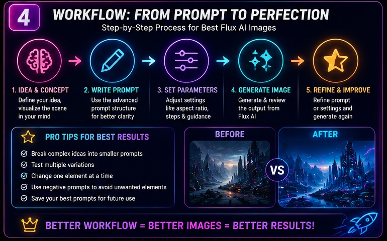 Flux AI workflow from prompt creation to final image optimization with professional tips and settings