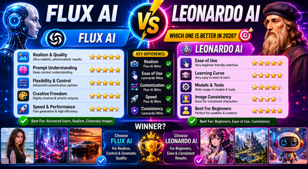 Flux AI vs Leonardo AI comparison showing realism prompt understanding creativity ease of use image quality and beginner friendly features
