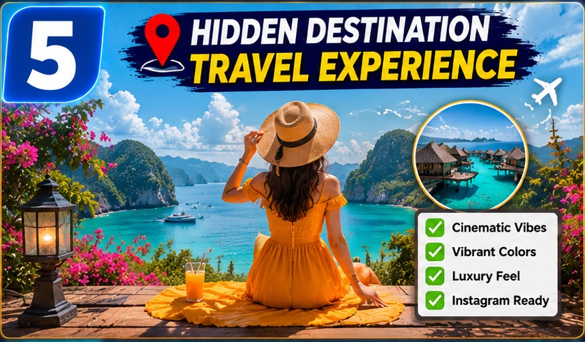 Travel Influencer AI Photo Prompts golden hour beach walk example with cinematic travel photography