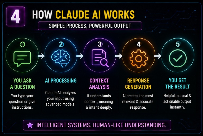 How Claude AI works from user prompt to AI processing, context analysis and final response.