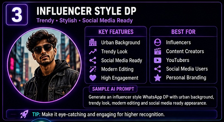 WhatsApp DP AI Photo Prompts influencer style profile picture with urban background and social media aesthetics