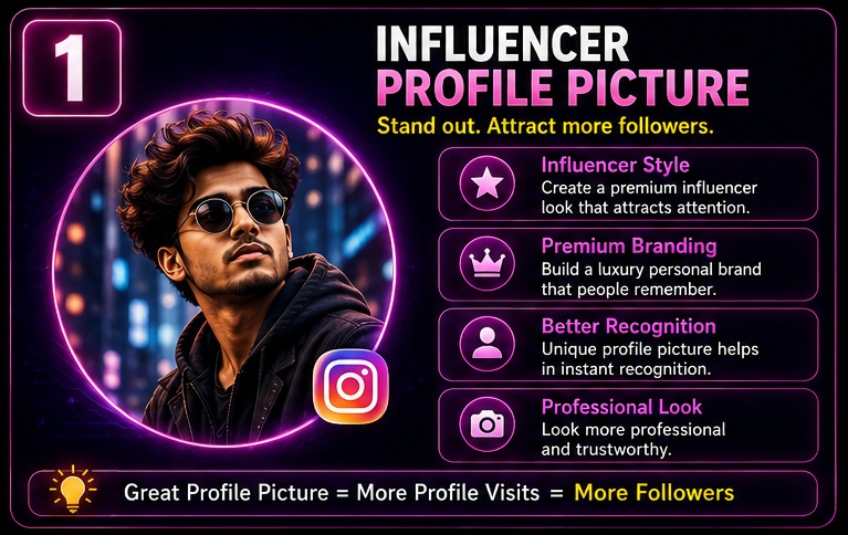 Instagram Profile Picture AI Prompts influencer profile picture with premium branding and professional portrait photography