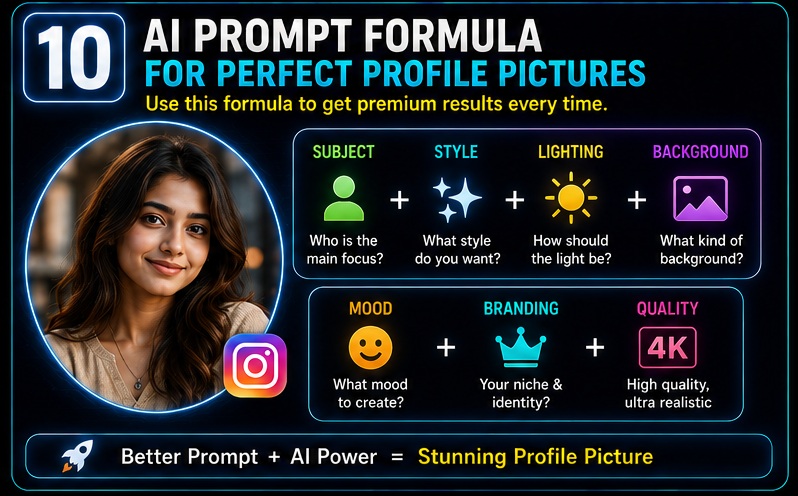 Instagram Profile Picture AI Prompts formula including subject style lighting background mood branding and quality