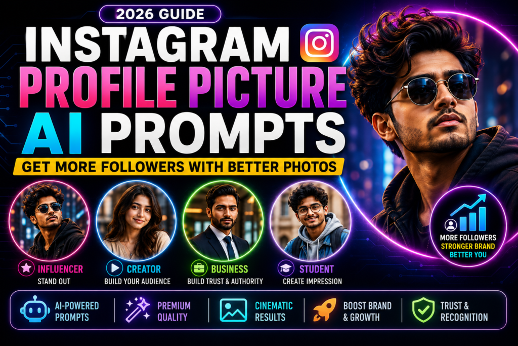 Instagram Profile Picture AI Prompts guide featuring influencer creator business and student profile pictures for better branding and follower growth