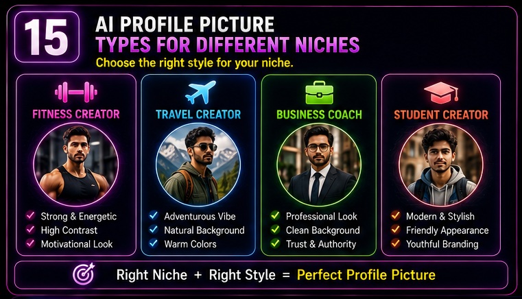 Instagram Profile Picture AI Prompts profile picture types for fitness travel business and student creators
