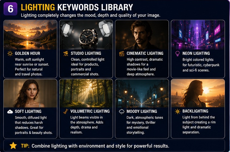 Lighting keywords library for AI Image Generation Prompts including golden hour cinematic neon studio and volumetric lighting