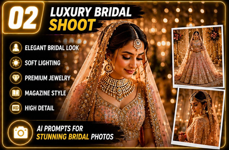 Wedding & Pre-Wedding AI Photo Prompts luxury bridal shoot with designer lehenga and premium jewelry styling