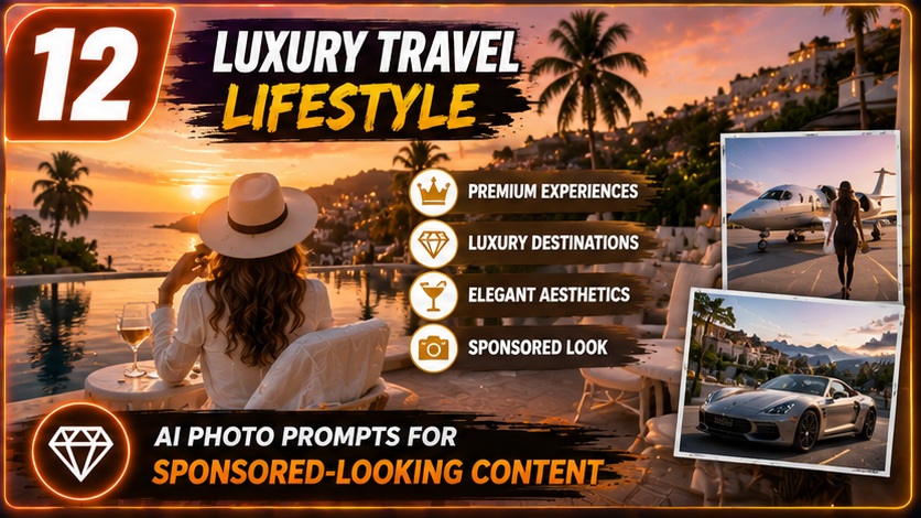 Travel Influencer AI Photo Prompts luxury travel lifestyle content designed for sponsored looking campaigns