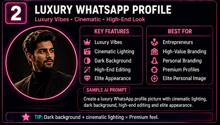 WhatsApp DP AI Photo Prompts luxury WhatsApp profile picture with cinematic lighting and premium portrait editing