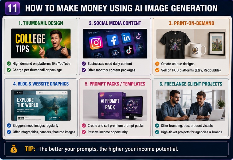 Ways to make money using AI Image Generation Prompts through thumbnails content creation prompt packs and freelance services