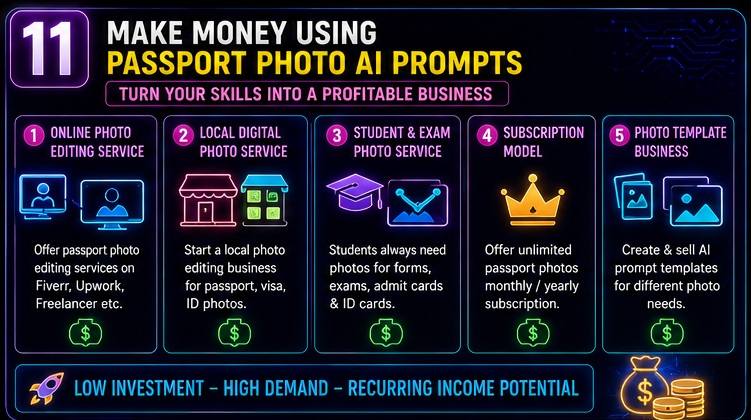 Passport Size Photo AI Prompts business opportunities including freelance editing local services and online photo business